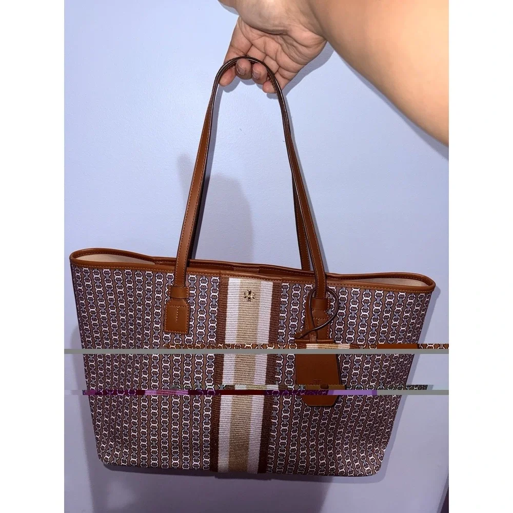 Tory Burch Brown Coated Canvas Gemini Link Tote Bag‎